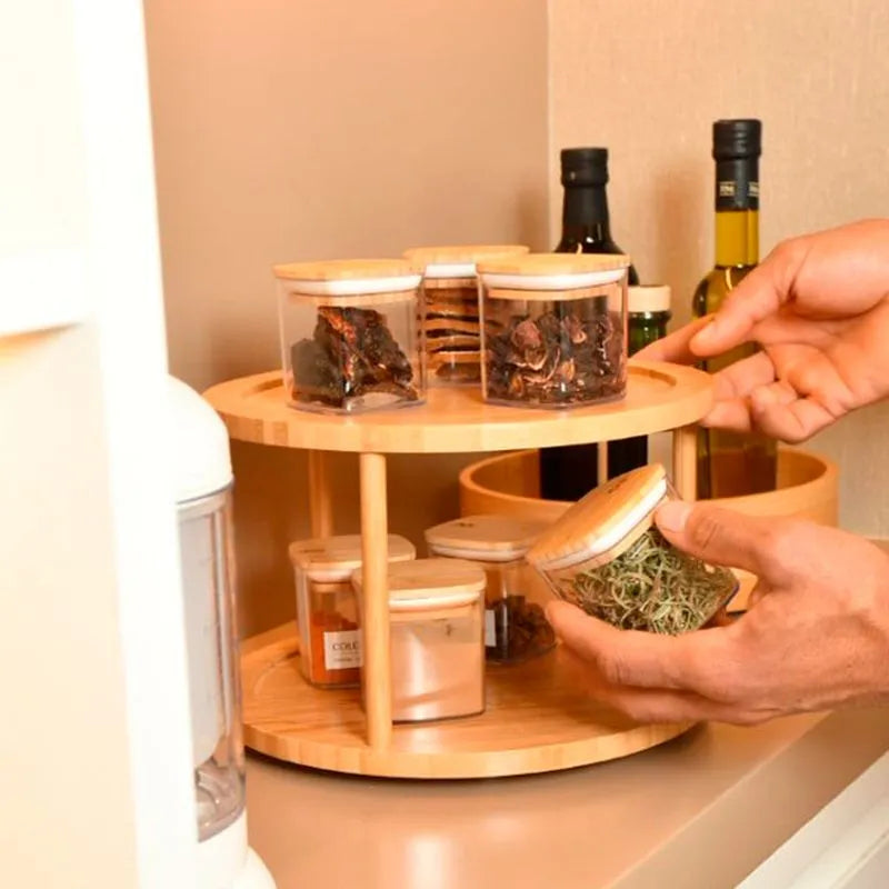 Kit Organizador Giratório 10 Potes Herméticos em vidro 300ml C/ tampa de bambu