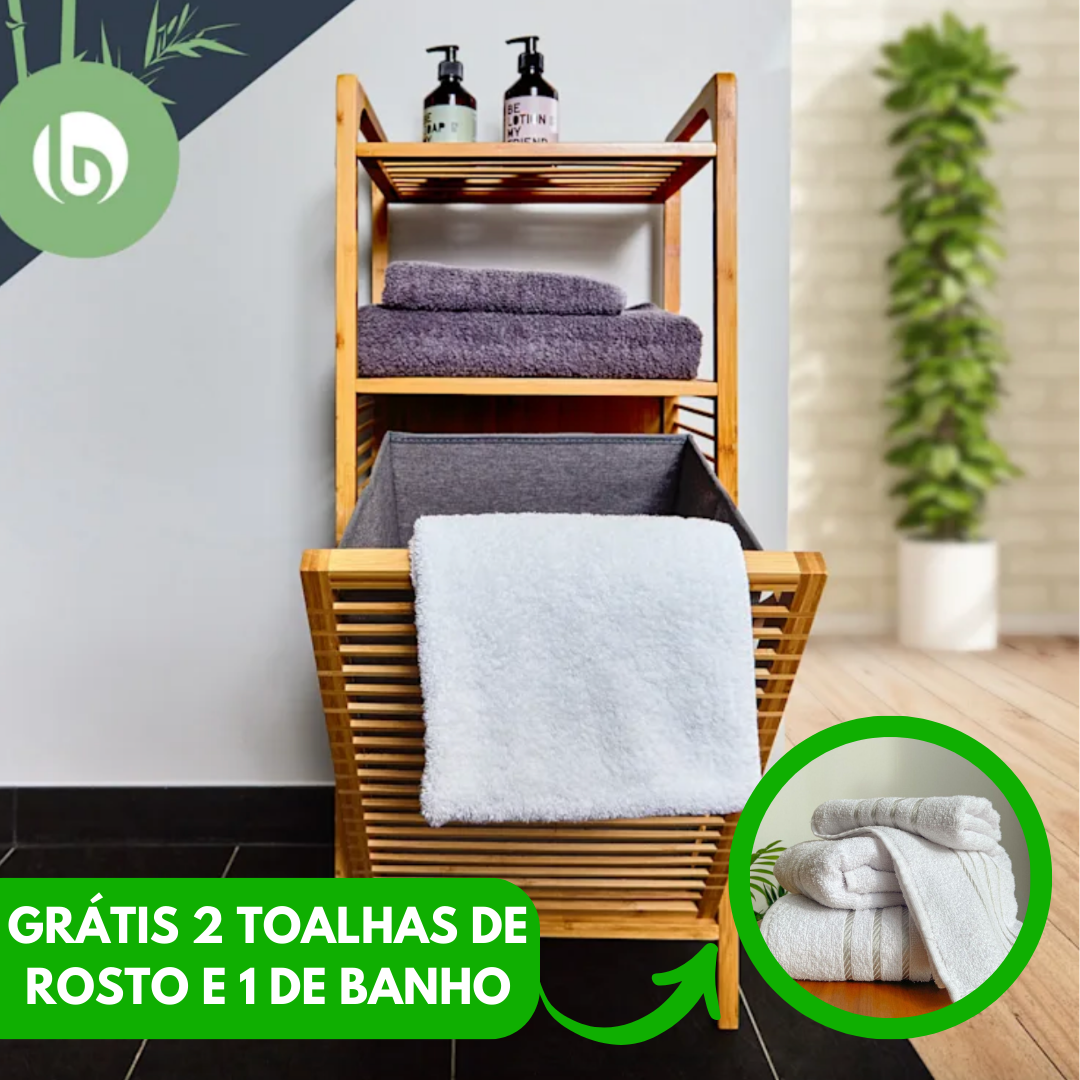 Cesto de roupa bambú Rustico multi compartimentos (Grátis 2 toalhas de rosto e 1 de Banho)