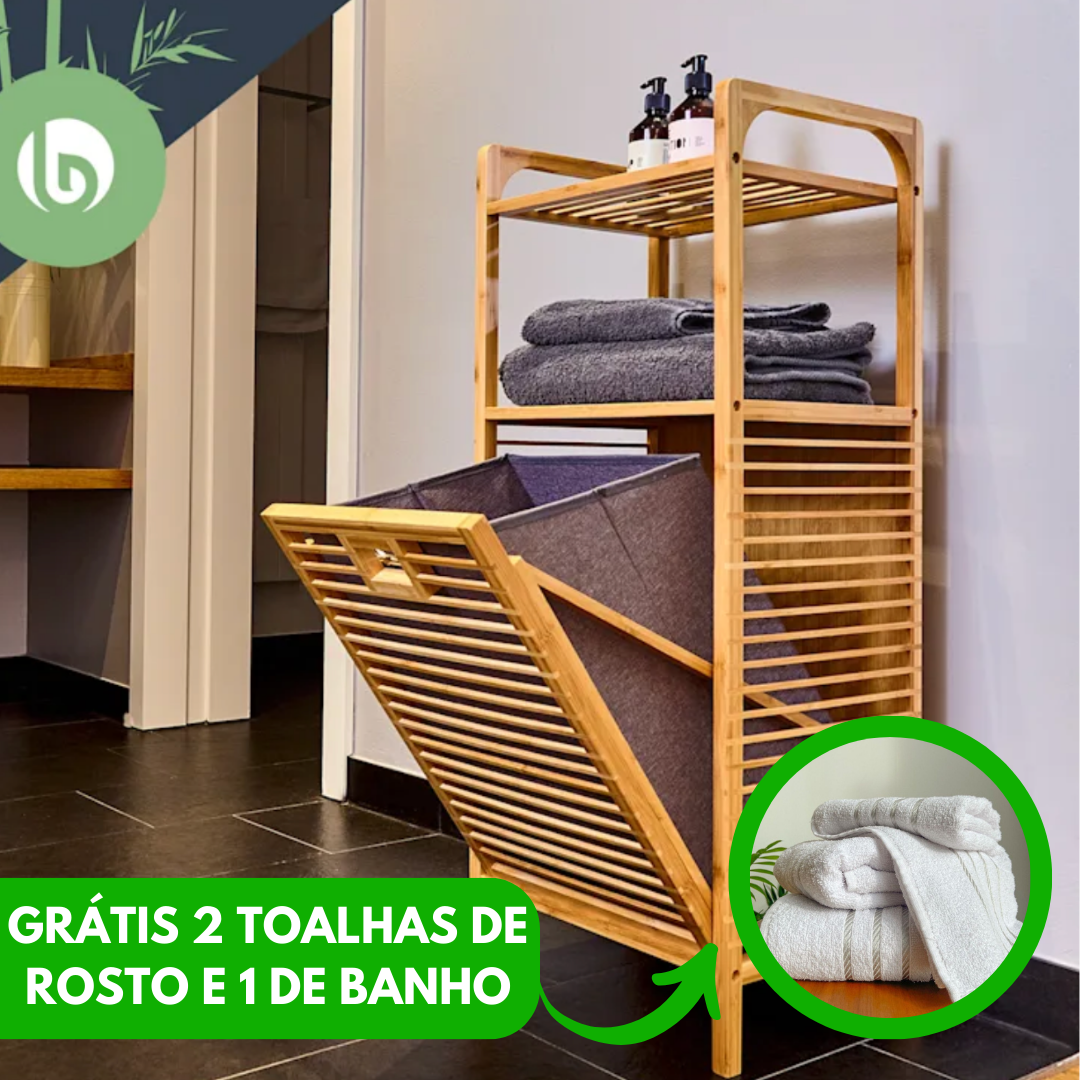 Cesto de roupa bambú Rustico multi compartimentos (Grátis 2 toalhas de rosto e 1 de Banho)