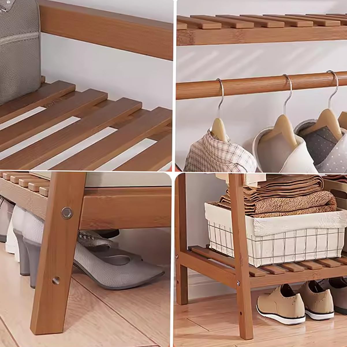 Suporte de Roupas de Bambu com Prateleiras + 1 Ano de Garantia