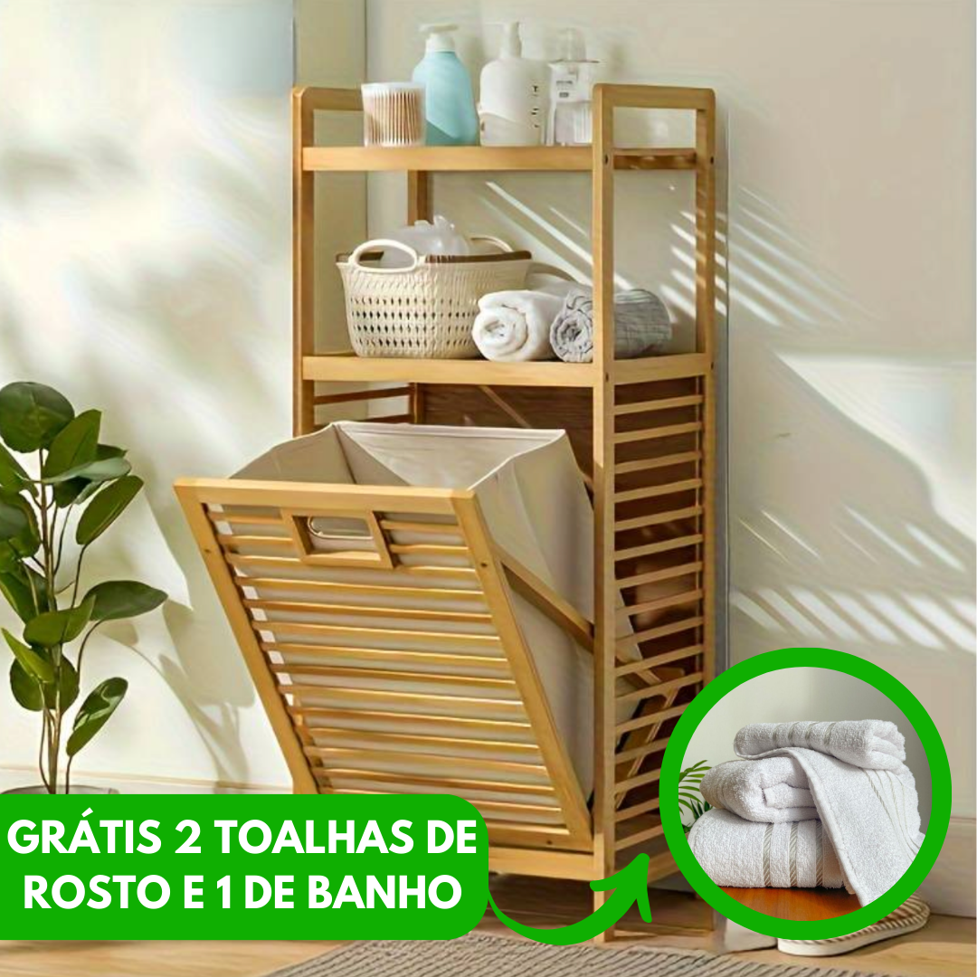 Cesto de roupa bambú Rustico multi compartimentos (Grátis 2 toalhas de rosto e 1 de Banho)