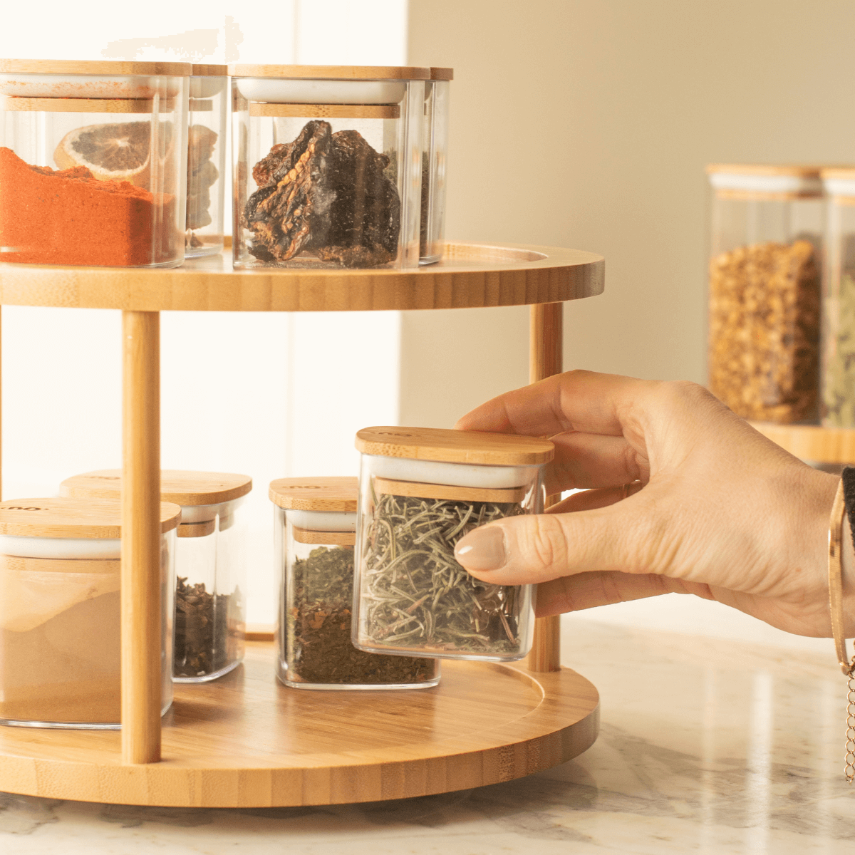 Kit Organizador Giratório 10 Potes Herméticos em vidro 300ml C/ tampa de bambu
