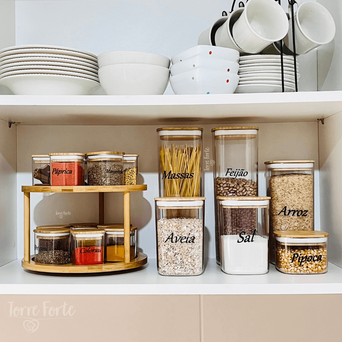 Kit Organizador Giratório 10 Potes Herméticos em vidro 300ml C/ tampa de bambu