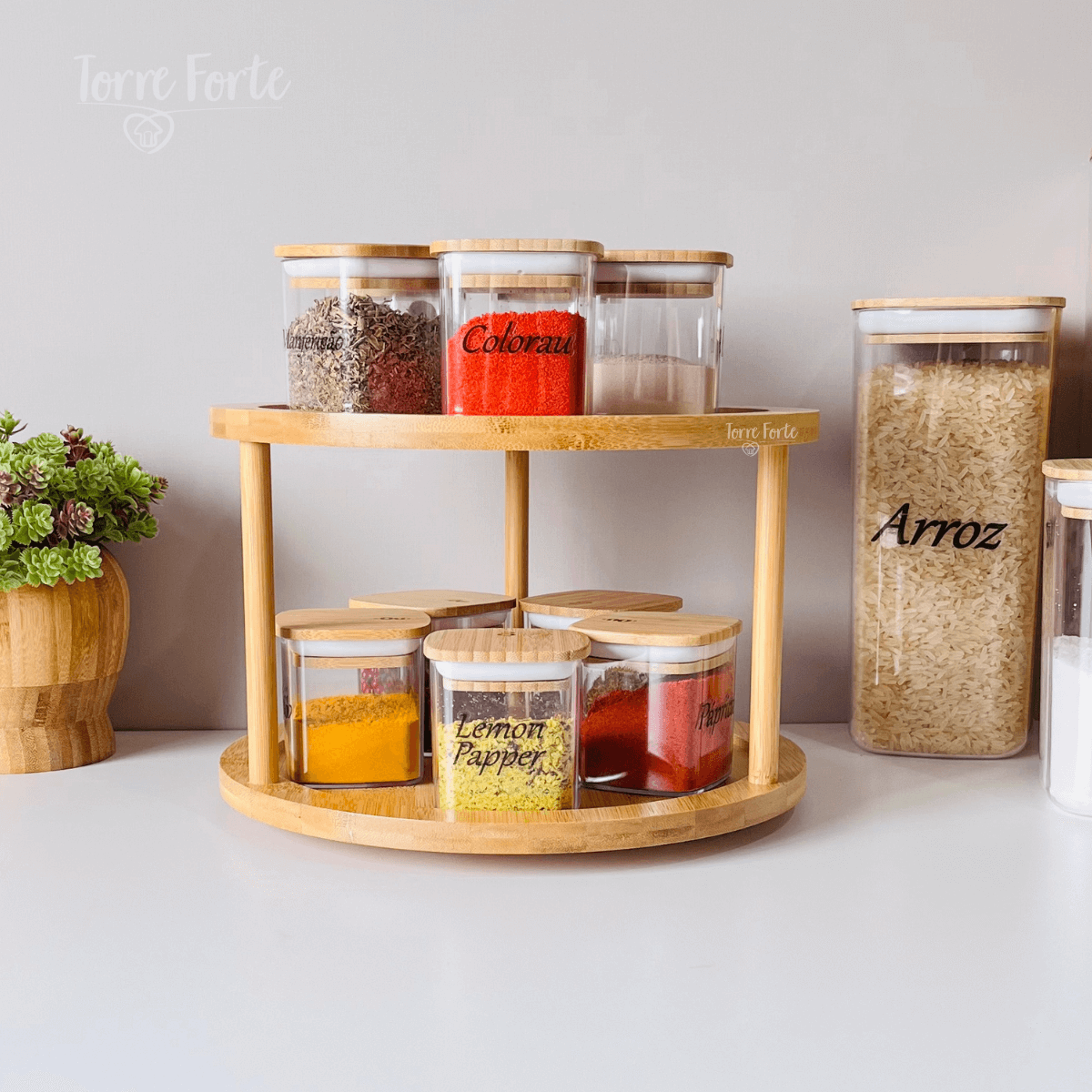 Kit Organizador Giratório 10 Potes Herméticos em vidro 300ml C/ tampa de bambu