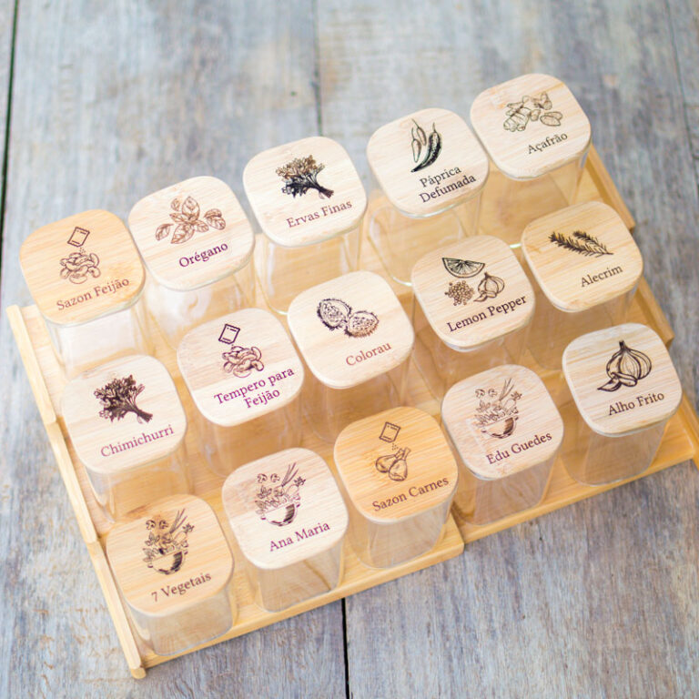 Organiza Gourmet: Kit 15 Potes de Vidro para Temperos + Bandeja organizadora FRETE GRÁTIS HOJE