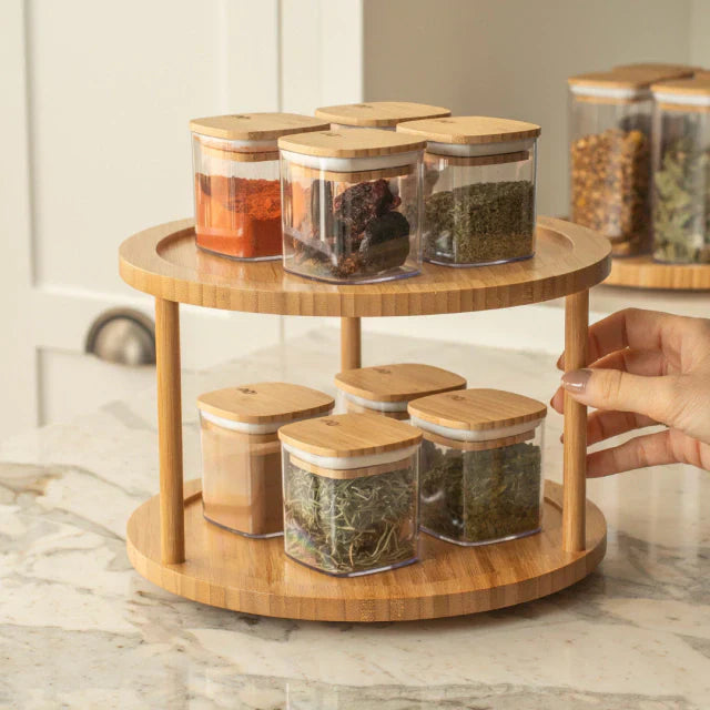 Kit Organizador Giratório 10 Potes Herméticos em vidro 300ml C/ tampa de bambu
