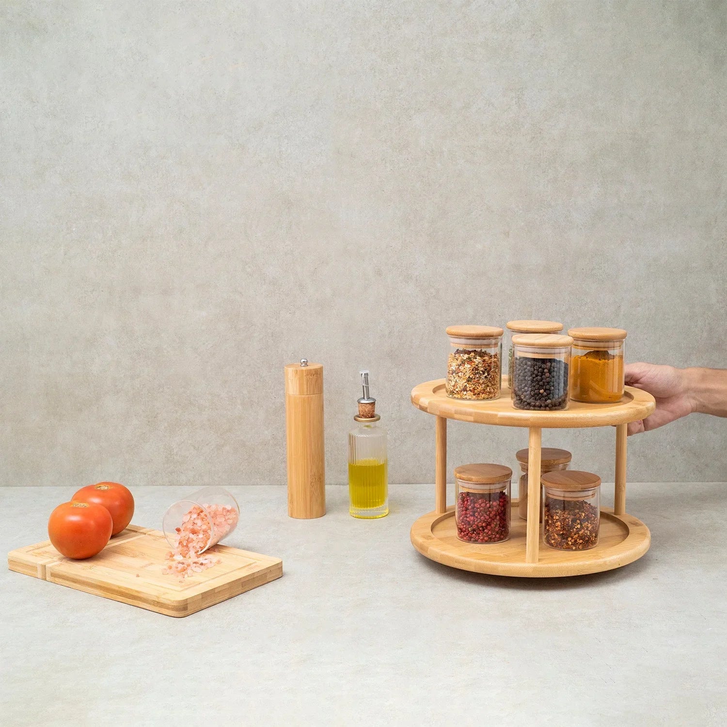 Kit Organizador Giratório 10 Potes Herméticos em vidro 300ml C/ tampa de bambu