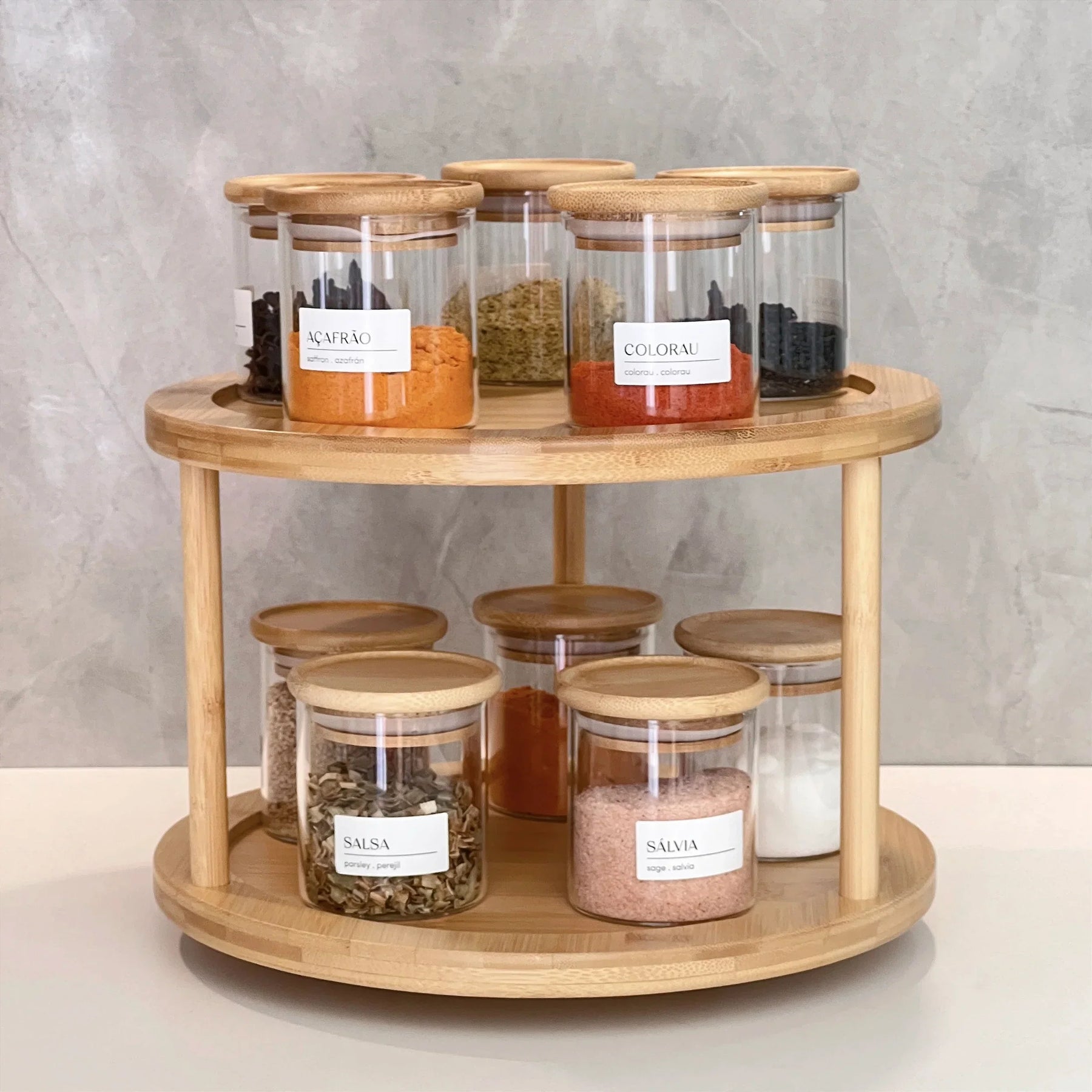 Kit Organizador Giratório 10 Potes Herméticos em vidro 300ml C/ tampa de bambu