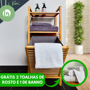 Cesto de roupa bambú Rustico multi compartimentos (Grátis 2 toalhas de rosto e 1 de Banho)