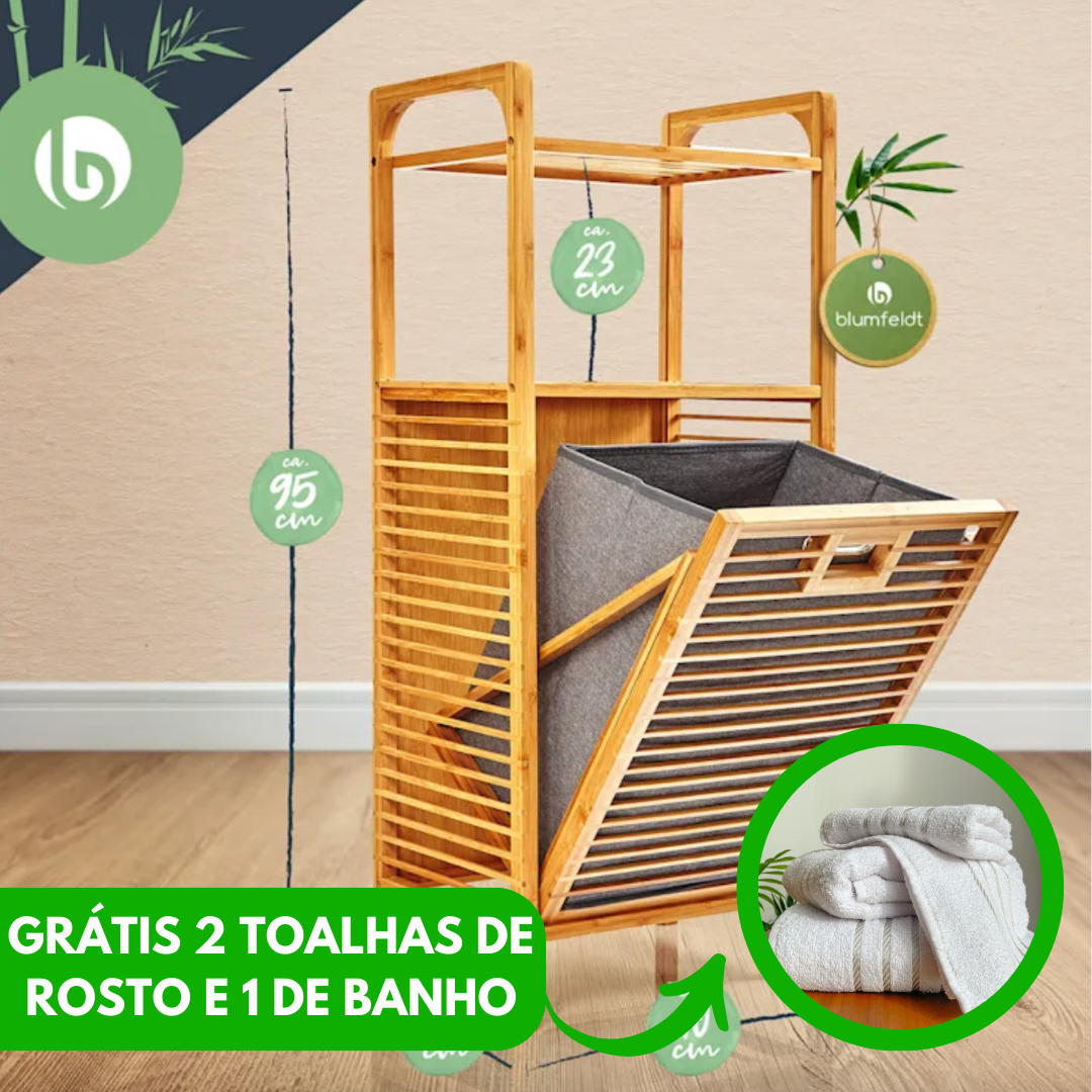 Cesto de roupa bambú Rustico multi compartimentos (Grátis 2 toalhas de rosto e 1 de Banho)