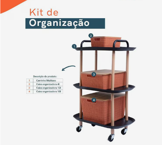 Kit 3 Caixa Organizadora Terracota E Carrinho Multiuso Oikos