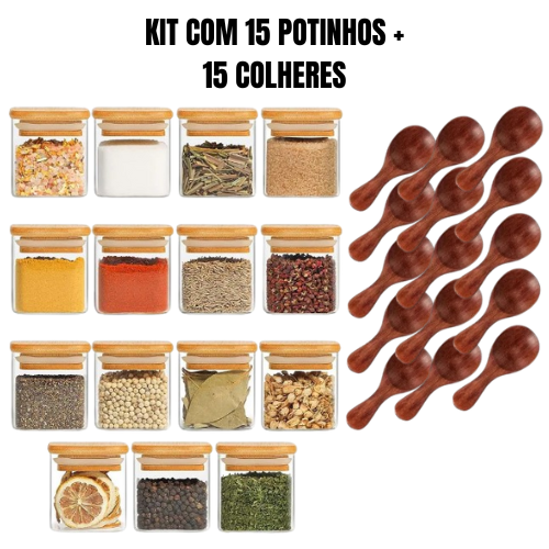 [QUEIMA DE ESTOQUE] - 15 Potes de Vidro + bandeja Organizadora + 15 Colheres [FRETE GRÁTIS SOMENTE HOJE]
