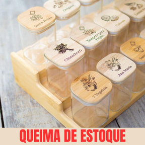 [QUEIMA DE ESTOQUE] - 15 Potes de Vidro + bandeja Organizadora + 15 Colheres [FRETE GRÁTIS SOMENTE HOJE]